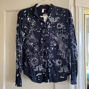 Anthropologie Pilcro Celestial Embroidered Sequin Button Down Shirt XS